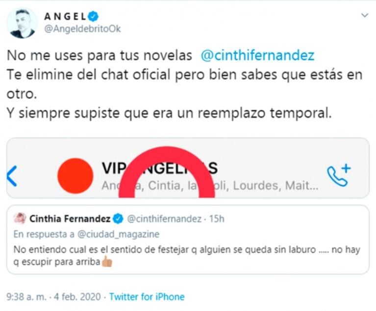 Ángel y un explosivo mensaje para Cinthia Fernández por la polémica por su salida de LAM: "No me uses para..."