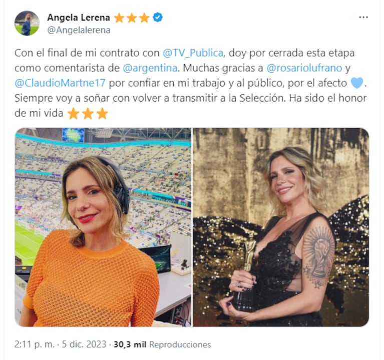 Ángela Lerena ya no comentará a la Selección argentina (Fuente x/ex-Twitter)