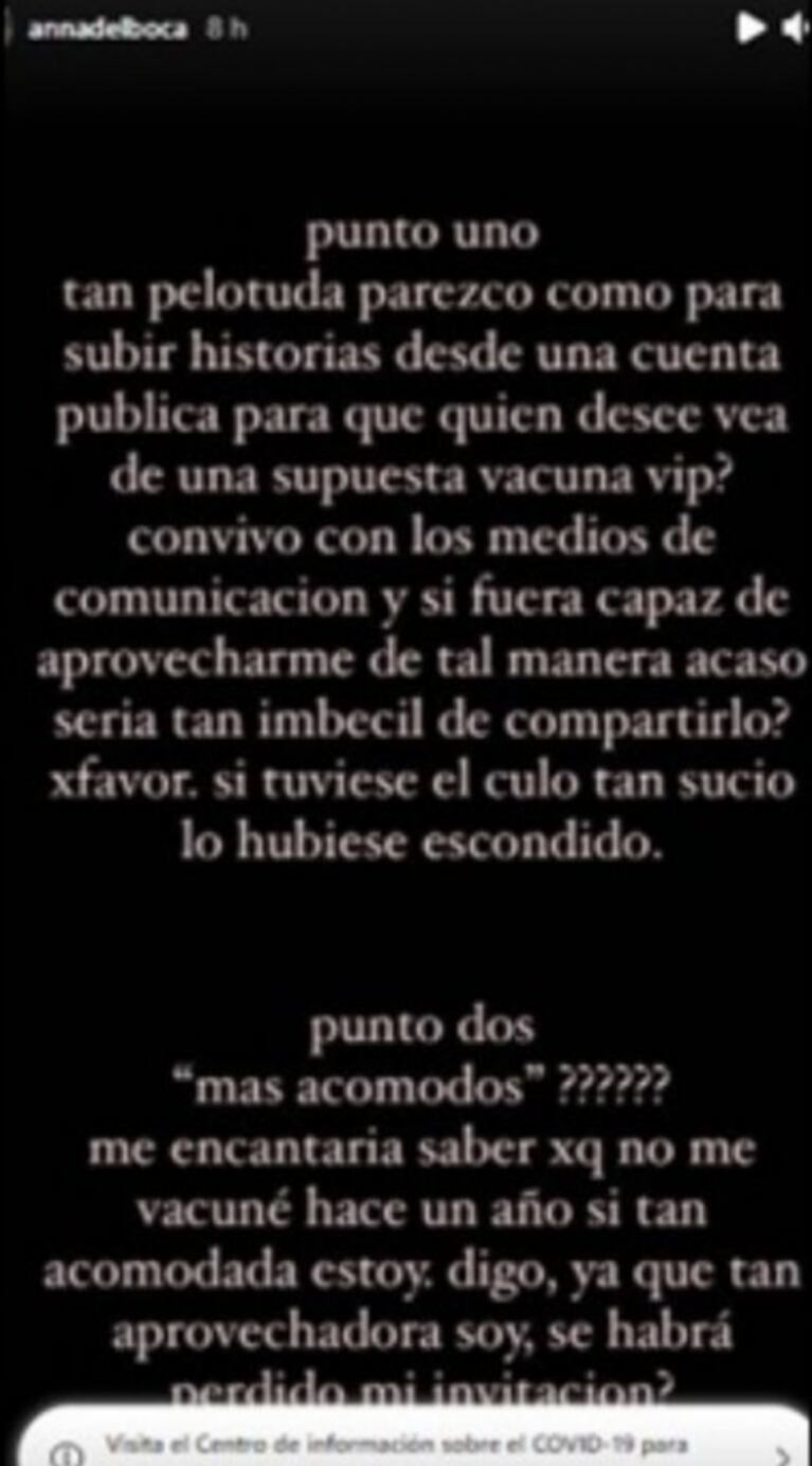 Anna Chiara del Boca se descargó con todo contra quienes la acusaron de ser una "vacunada vip": "Ridículos"