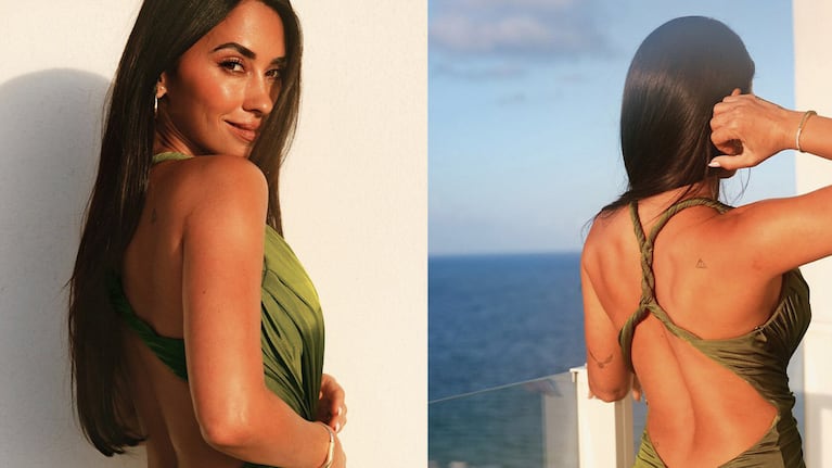 Antonela Roccuzzo brilló con un vestido verde oliva y un mega escote en la espalda