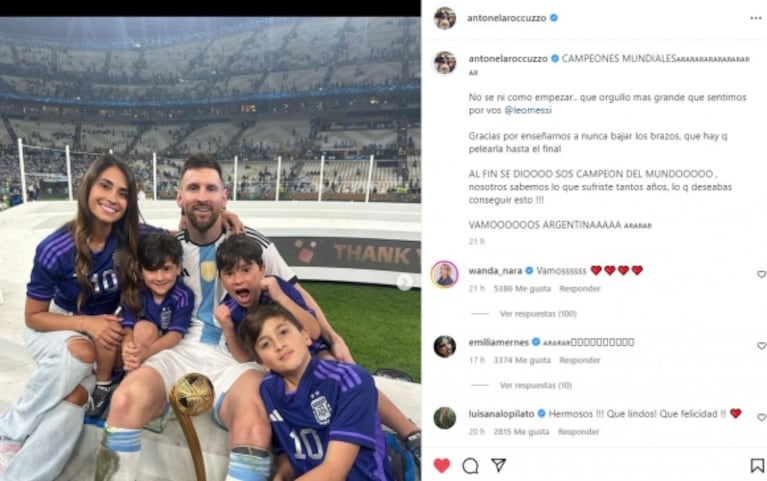 Antonela Roccuzzo le dedicó a Messi un conmovedor mensaje tras ganar el Mundial Qatar 2022