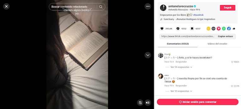 Antonela Roccuzzo mostrando su biblioteca personal en su primer video de TikTok. — Fuente: captura de TikTok @antonelaroccuzzo