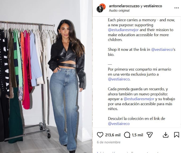 Antonela Roccuzzo vende su ropa de lujo por una causa solidaria (Foto: Instagram/@antonelaroccuzzo)