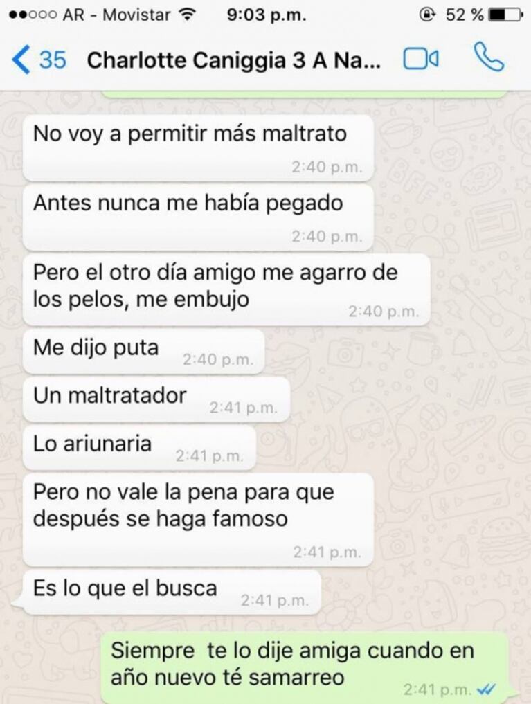Aparecen chats de Charlotte Caniggia acusando a Loan de golpearla: "Es un maltratador; el otro día me agarró de los pelos y me empujó" 