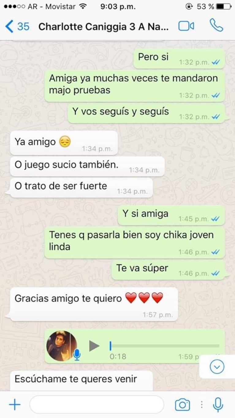 Aparecen chats de Charlotte Caniggia acusando a Loan de golpearla: "Es un maltratador; el otro día me agarró de los pelos y me empujó" 