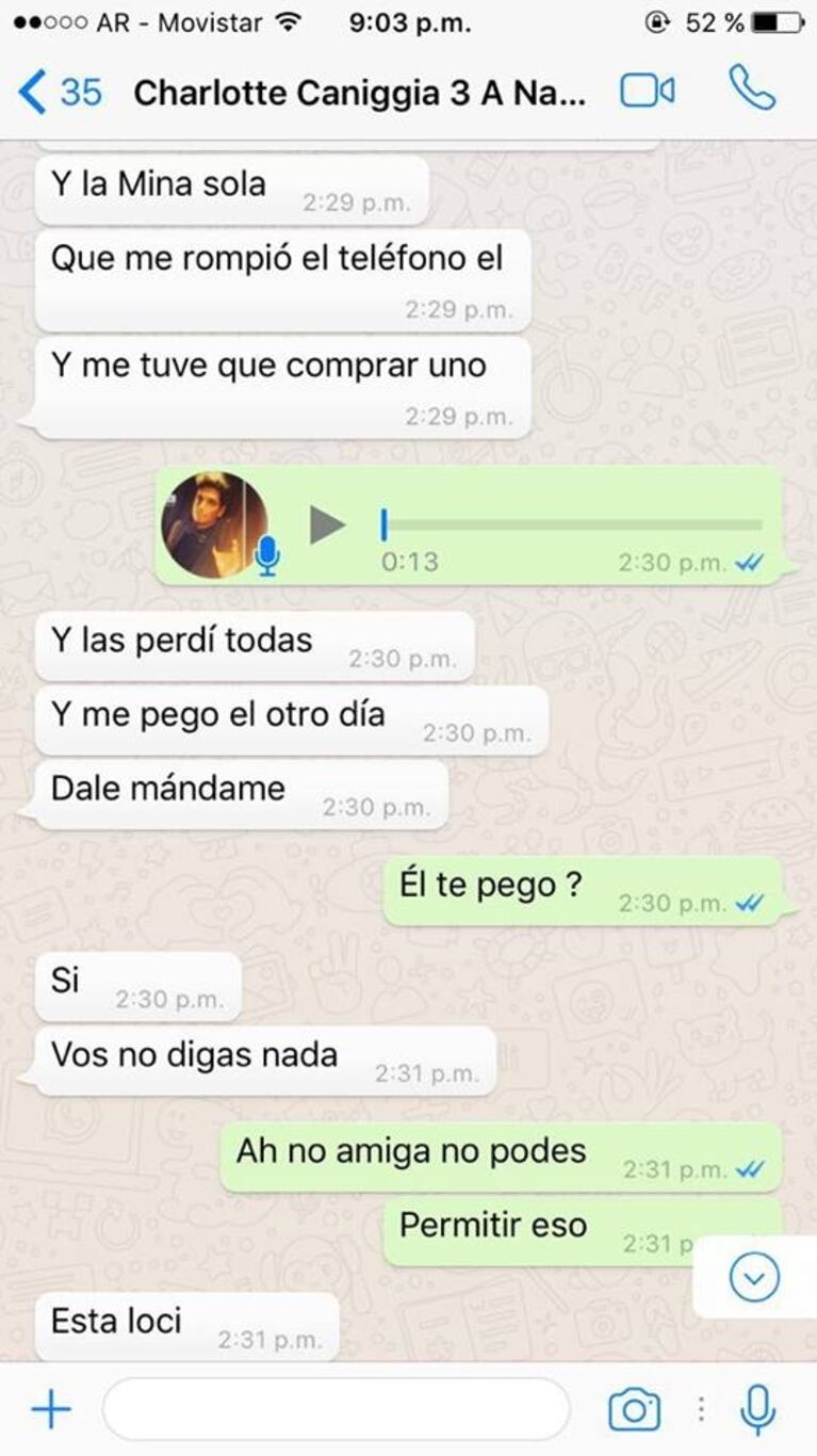 Aparecen chats de Charlotte Caniggia acusando a Loan de golpearla: "Es un maltratador; el otro día me agarró de los pelos y me empujó" 