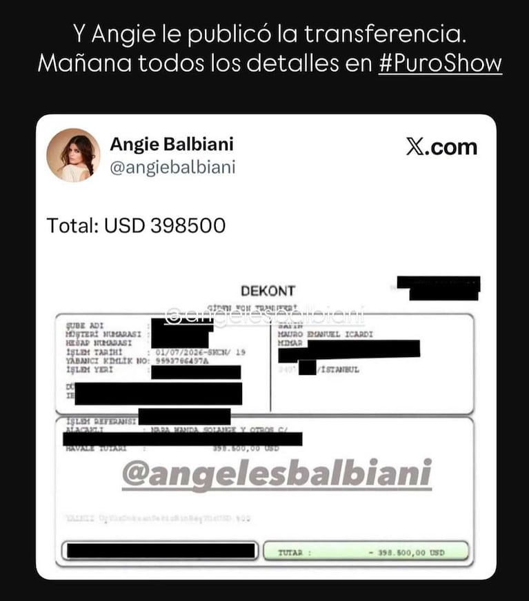 Apareció un supuesto comprobante del pago de alimentos de Mauro Icardi (Foto: Instagram @angelesbalbiani)