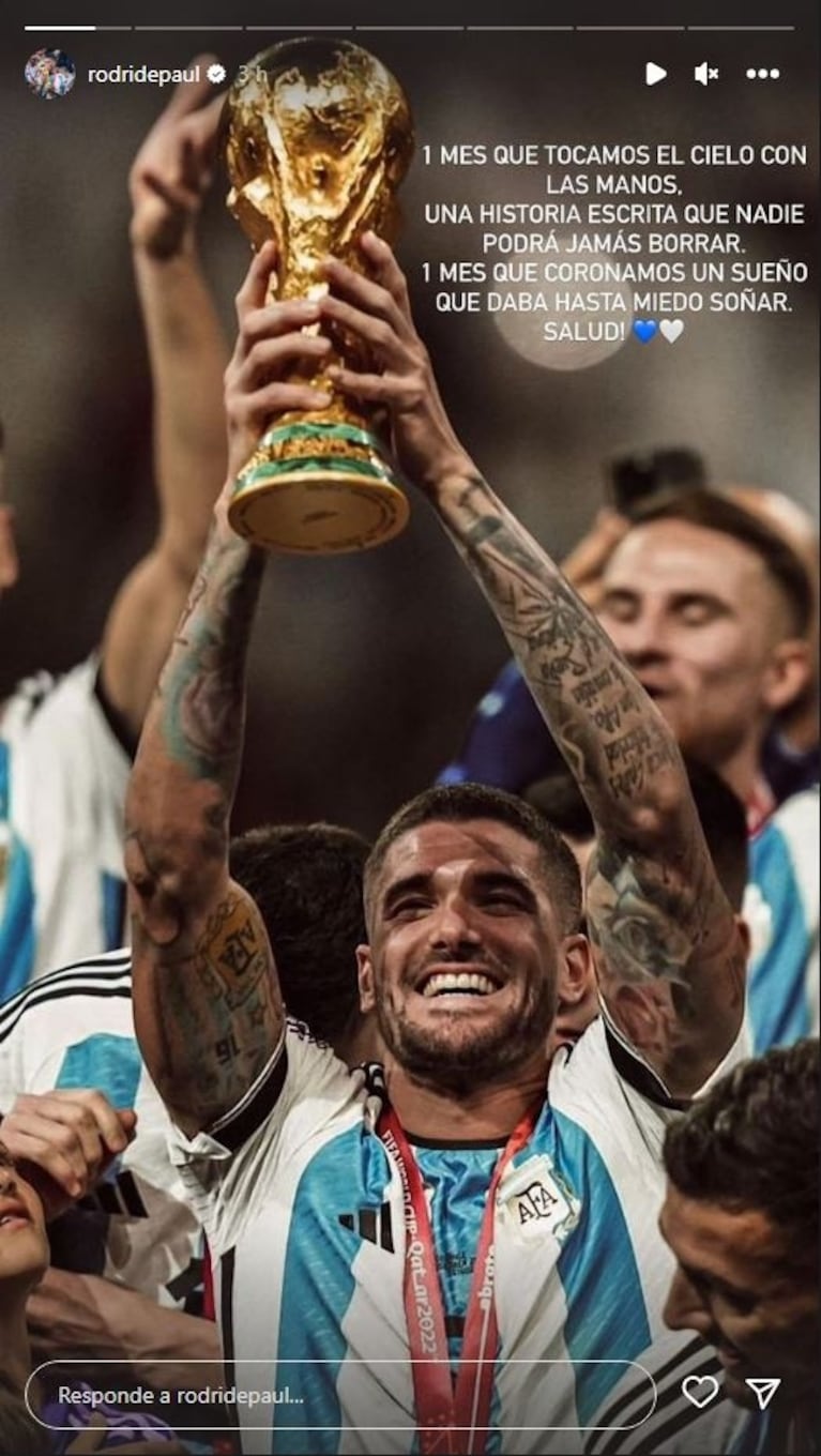 Argentina campeón del mundo: el emotivo mensaje de Rodrigo de Paul a un mes de la final