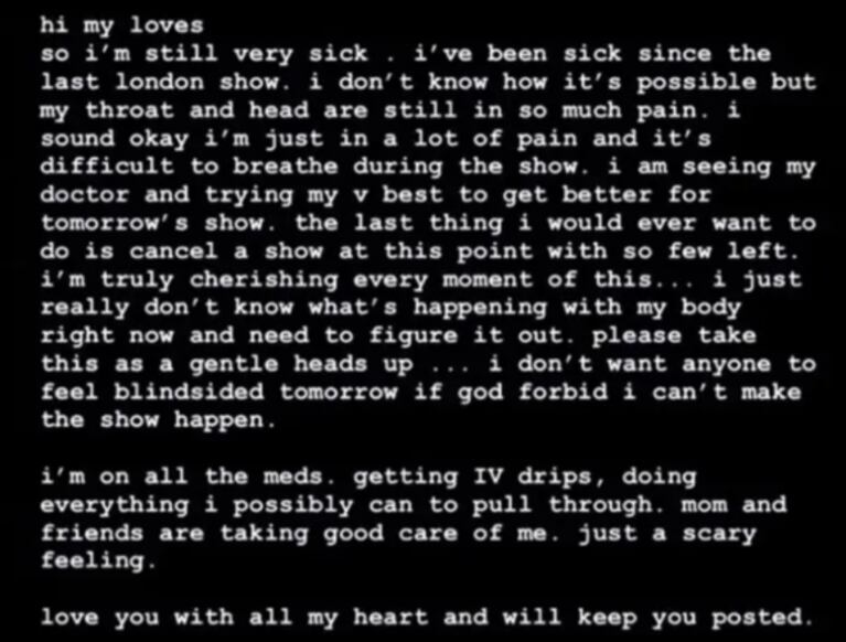 Ariana Grande, alarmada por su estado de salud: "No sé qué está pasando con mi cuerpo, estoy muy enferma"