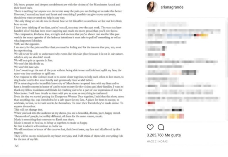 Ariana Grande y una conmovedora carta tras el atentado terrorista sufrido en Manchester: "Voy a volver a esa valiente ciudad a ofrecer un concierto benéfico" 