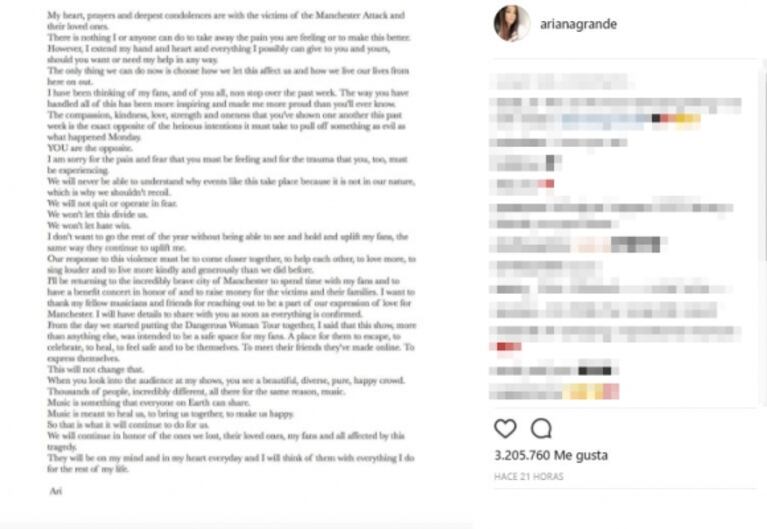 Ariana Grande y una conmovedora carta tras el atentado terrorista sufrido en Manchester: "Voy a volver a esa valiente ciudad a ofrecer un concierto benéfico"