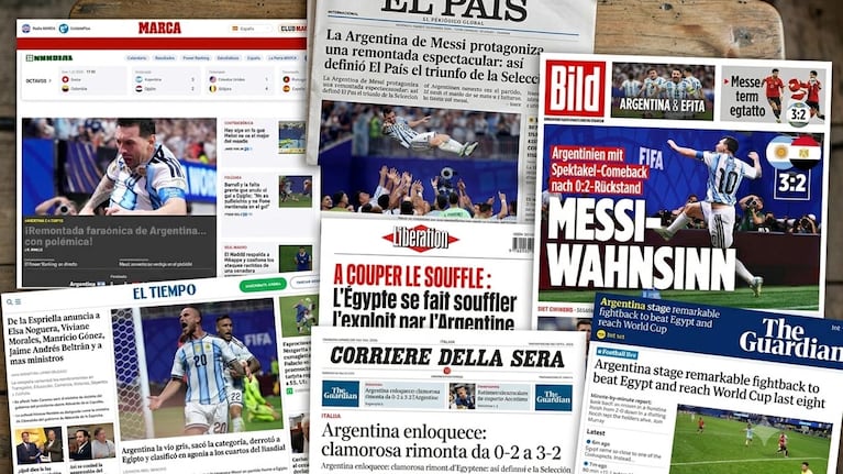 as portadas de los principales portales del planeta reflejaron la victoria albiceleste en el Mundial 2026. Fuente: Captura Marca / Bild / The Guardian / Corriere della Sera.