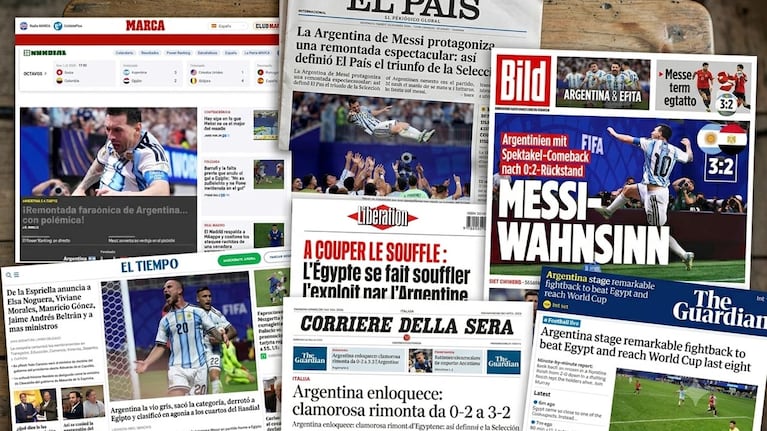 as portadas de los principales portales del planeta reflejaron la victoria albiceleste en el Mundial 2026. Fuente: Captura Marca / Bild / The Guardian / Corriere della Sera.