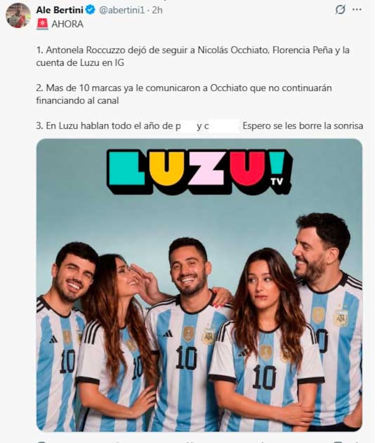 Aseguran que Antonela Roccuzzo dejó de seguir a Luzu TV y a sus integrantes (Foto: X / @abertini1)