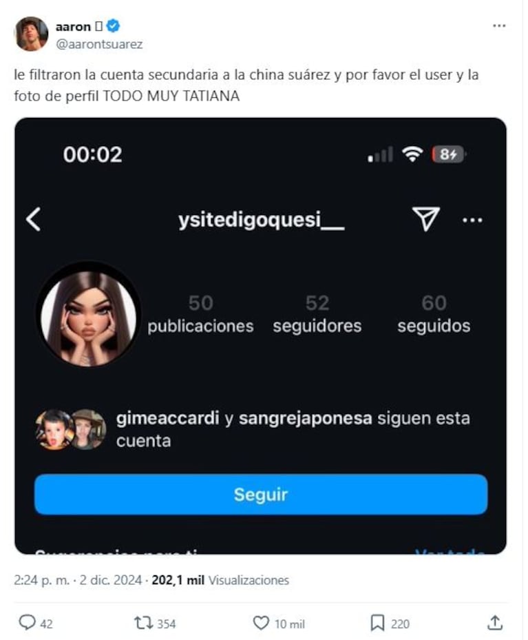 Aseguran que la China Suárez tiene una cuenta secundaria (Foto: Captura Instagram /aarontsuarez)