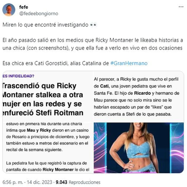 Aseguran que Stefi Roitman se enojó con Ricky Montaner por “stalkear” a una participante de Gran Hermano 2023 