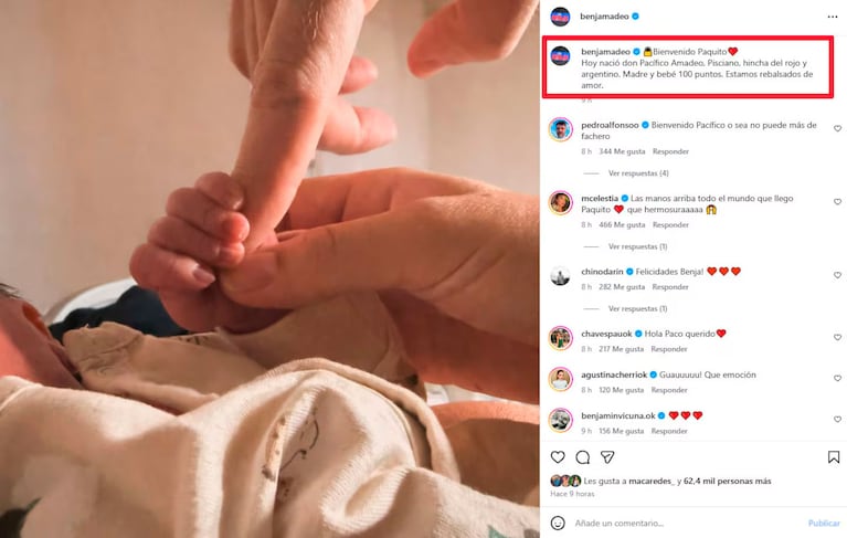 Así anunció Benjamín Amadeo que nació Pacífico (Instagram)