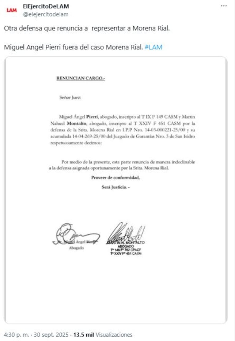 Así anunció Pierri que ya no será el abogado de More Rial. Foto: Captura de X (@elejercitodelam)