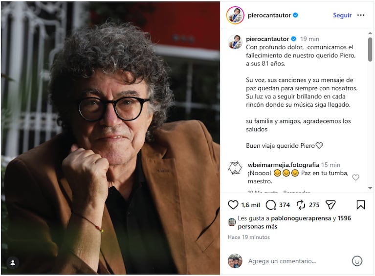 Así confirmaron la muerte de Piero De Benedictis.