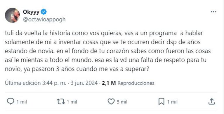 Así empezó Oky su descargo por los dichos de Tuli Acosta. (Foto: Captura Twitter/octavioappogh)