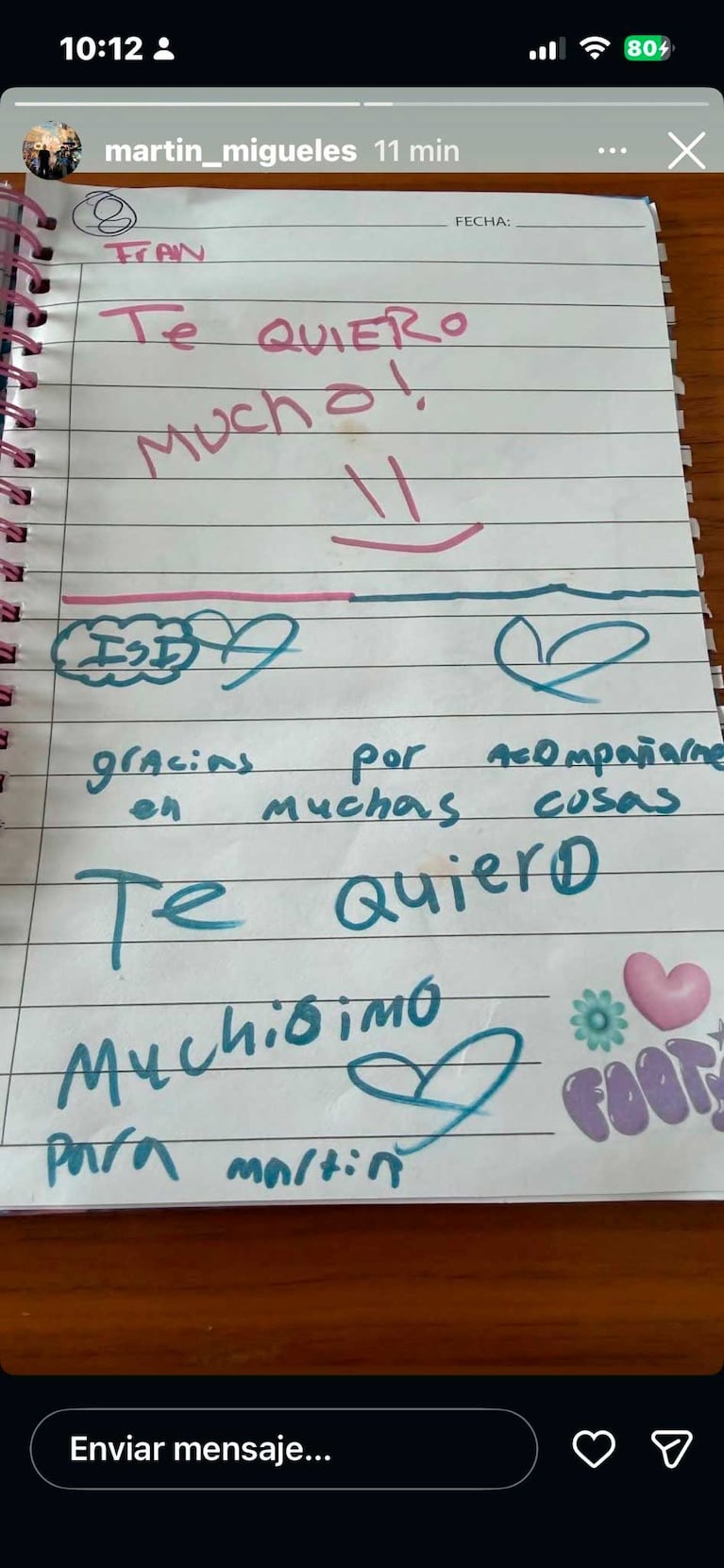 Así es el cuadernito que le regalaron a Martín Migueles en casa de Wanda Nara (Foto: Instagram @martin_migueles)