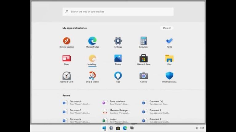 Así es el menú de inicio del sistema operativo Windows 10X. Foto: DPA.