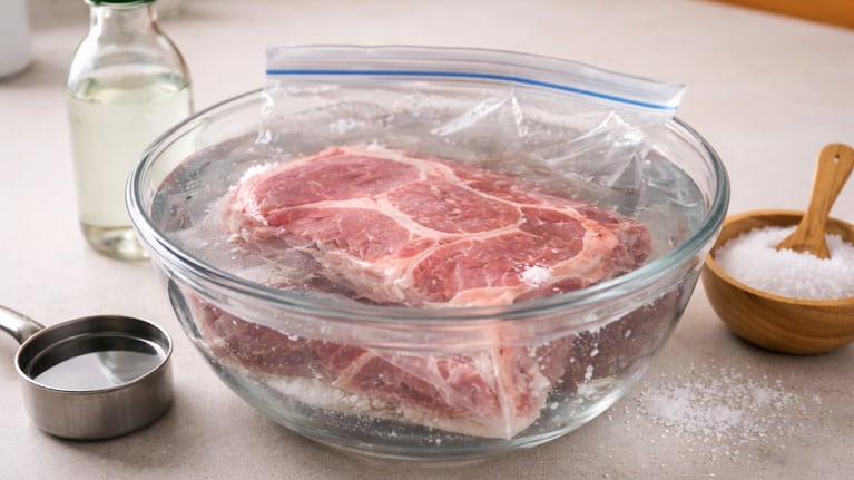 Así es el truco para descongelar carne en agua y vinagre. Foto: IA (ChatGPT)