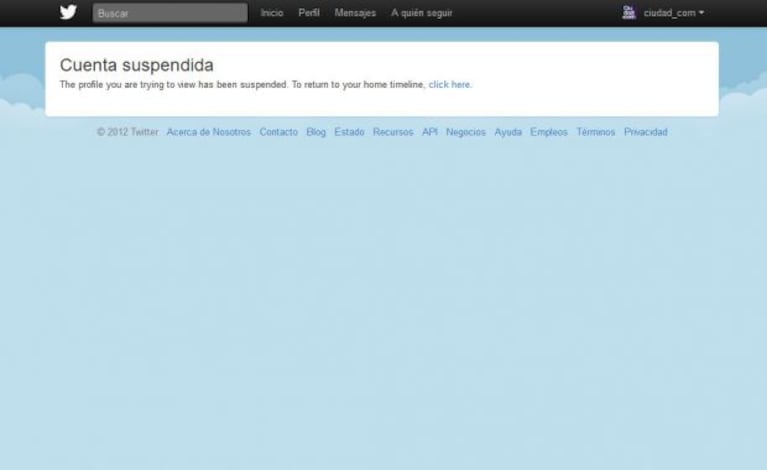 Así figura la cuenta @cuervotinelli al querer ingresar en su timeline: "cuenta suspendida". (Captura: @