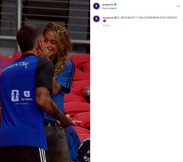 Así fue el festejo a los besos de Tini Stoessel y De Paul tras Argentina - Inglaterra (Foto: captura Instagram @tycsports)