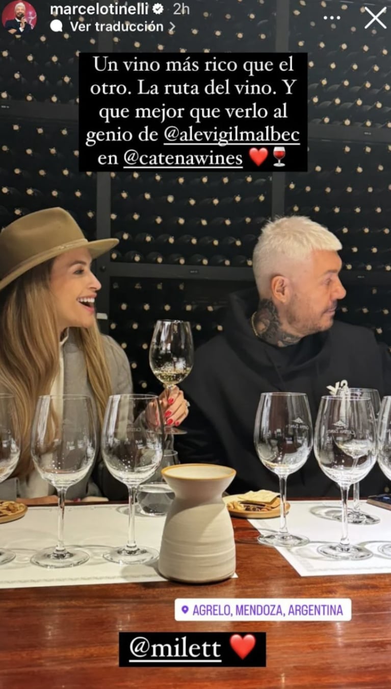 Así fue la escapada romántica de Marcelo Tinelli y Milett Figueroa a Mendoza: avión privado y exclusiva bodega