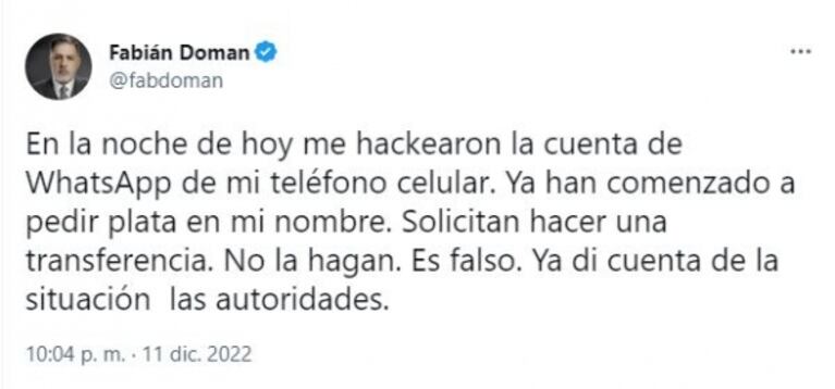 Así hackearon el WhatsApp de Fabián Doman: cuánta plata pedían a sus contactos