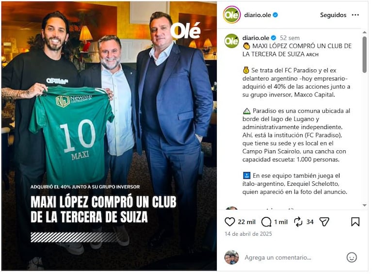 Así se comunicó la compra del Paradiso por parte de Maxi López y sus socios.