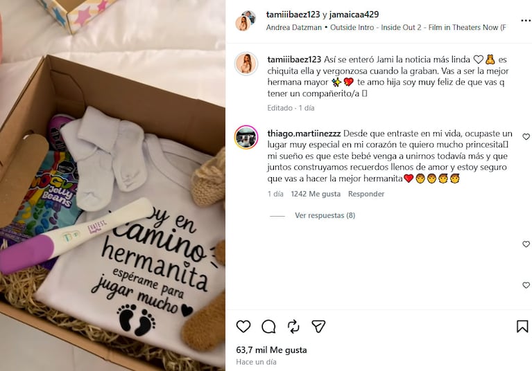 Así Tamara Báez le contó a Jamaica que tendrá un hermanito (captura de Instagram)