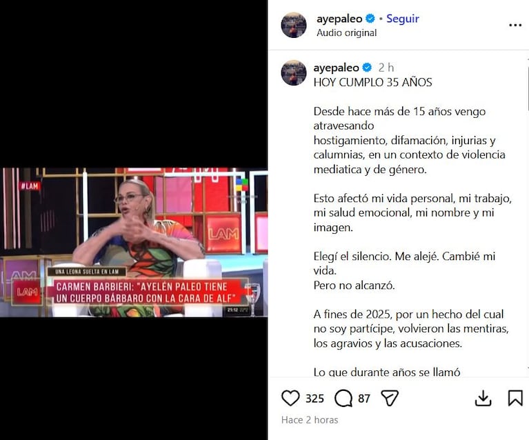 Ayelén Paleo denunció a Carmen Barbieri (Foto: Instagram/@ayepaleo).