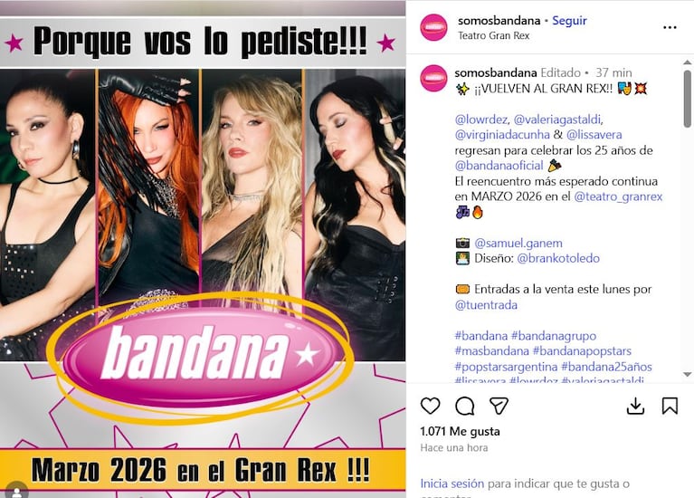Bandana anuncia su regreso al Gran Rex (Foto: captura Instagram/@somosbandana).