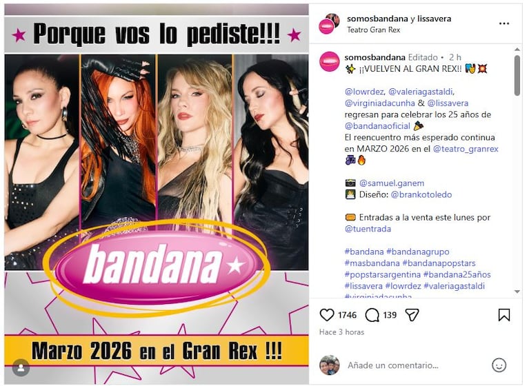 Bandana anunció que hará recitales en el Gran Rex en Marzo de 2026.