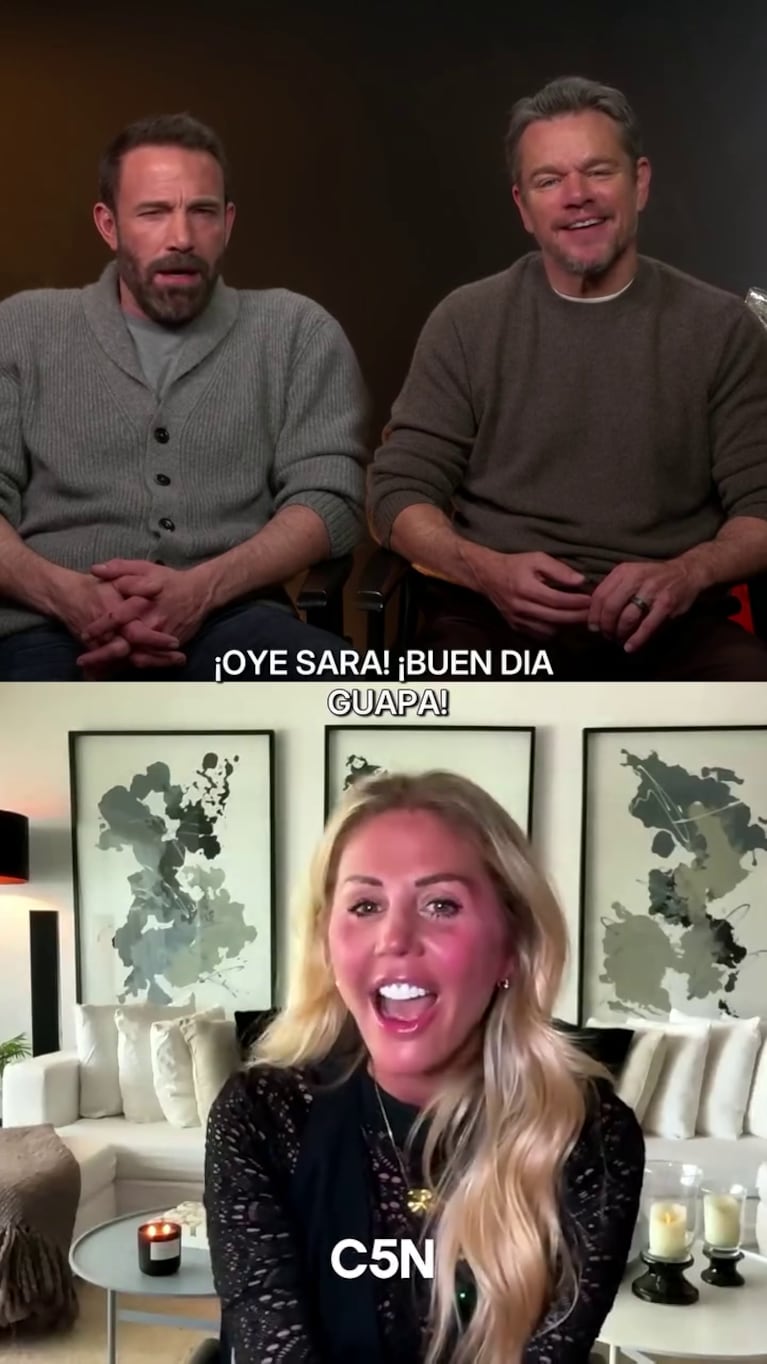 Barbie Simons entrevistó a Ben Affleck y Matt Damon, quienes recrearon el audio viral de Luciano Castro (Foto: captura de C5N).
