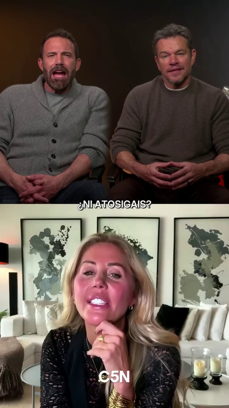 Barbie Simons entrevistó a Ben Affleck y Matt Damon, quienes recrearon el audio viral de Luciano Castro (Foto: captura de C5N).