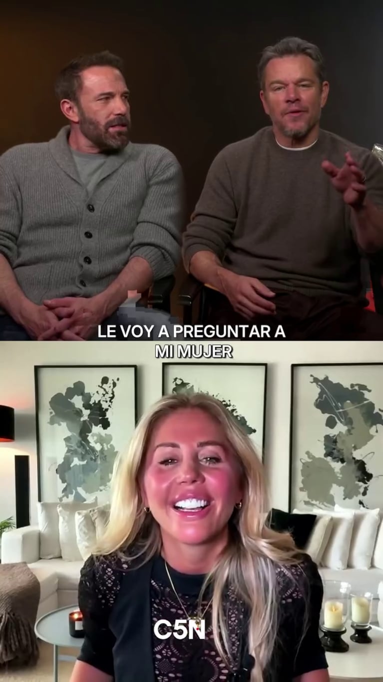Barbie Simons entrevistó a Ben Affleck y Matt Damon, quienes recrearon el audio viral de Luciano Castro (Foto: captura de C5N).