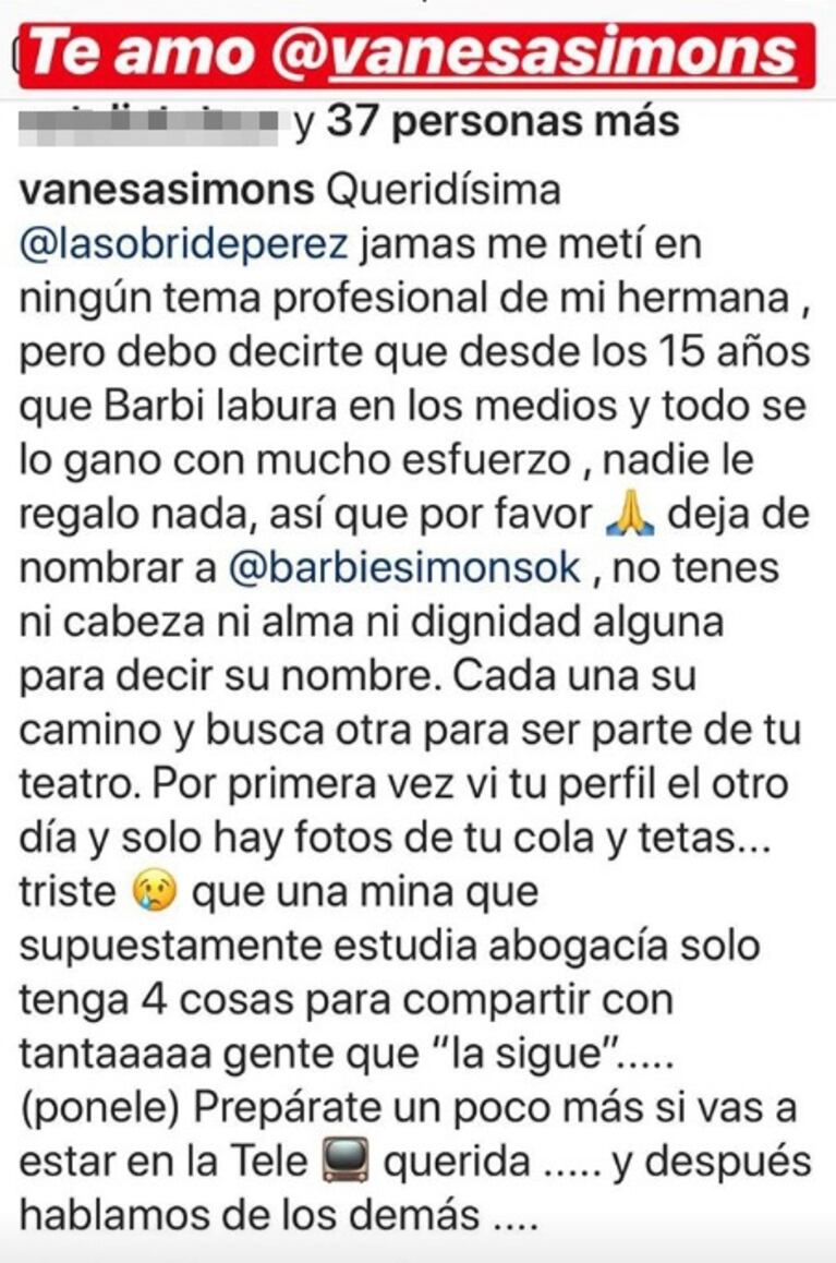 Barbie Simons volvió a disparar contra Sol Pérez: "Es una tilinga, hay minas como ella que necesitan cámara"