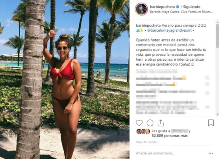 Barbie Vélez y un mensaje a los haters: "Antes de escribir un comentario con maldad, pensá qué es lo que hace tan infeliz tu vida"