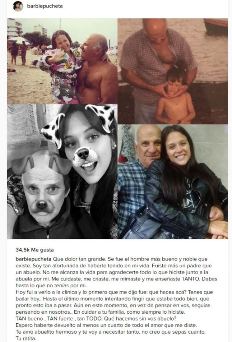 Barbie Vélez y una emotiva carta tras la muerte de su abuelo: "Qué dolor tan grande, se fue el hombre más bueno y noble que existe" 
