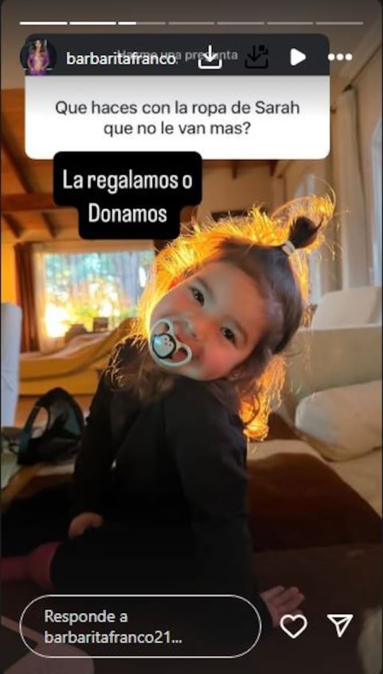 Barby Franco contó qué hace con la ropa que Sarah ya no usa y reveló detalles de su crianza. Crédito: Instagram
