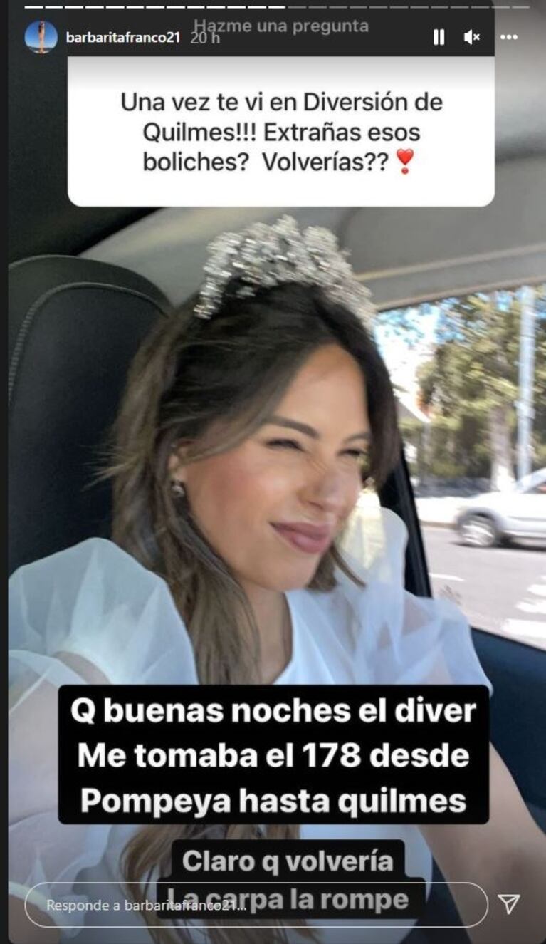 Barby Franco dice que extraña sus épocas en el boliche Diversión: "Me tomaba el 178 desde Pompeya a Quilmes"