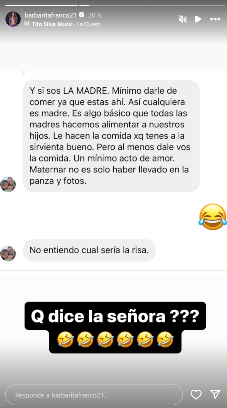 Barby Franco estalló contra quienes la criticaron por no darle de comer a Sarah Burlando