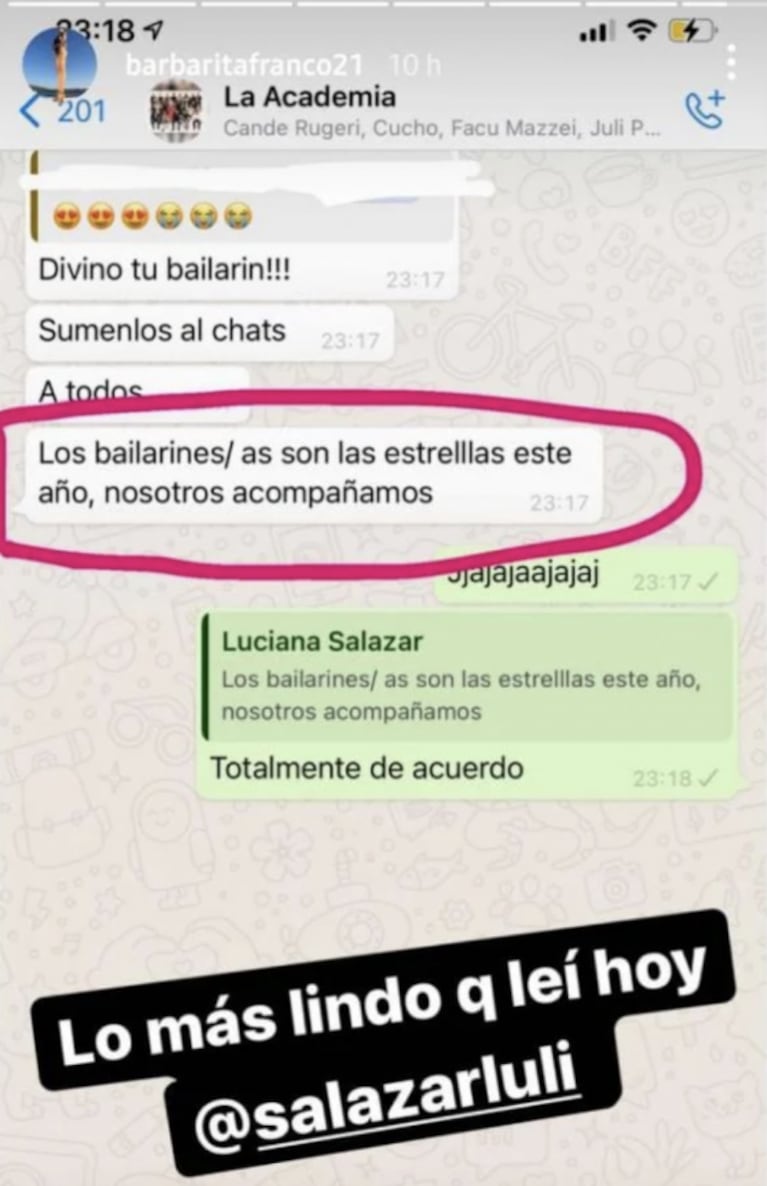 Barby Franco mostró un llamativo mensaje que mandó Luciana Salazar al chat de La Academia: "Lo más lindo que leí hoy"