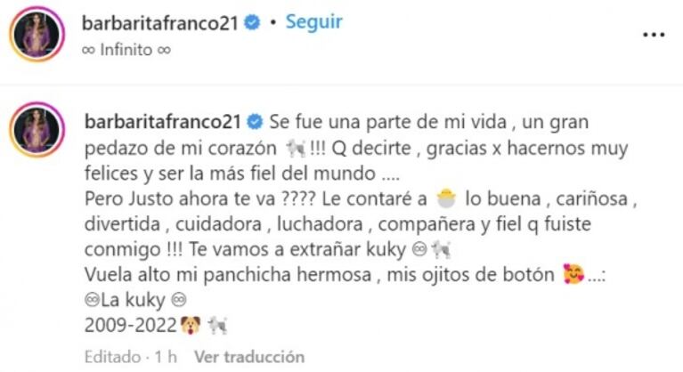Barby Franco sufrió una dura pérdida y mostró todo su dolor