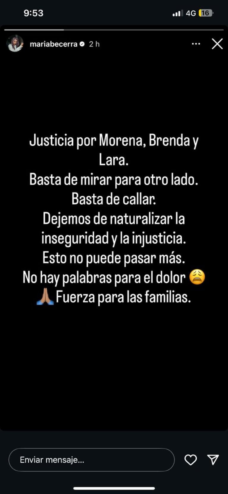 Basta de mirar para otro lado": mensaje de María Becerra por el triple femicidio