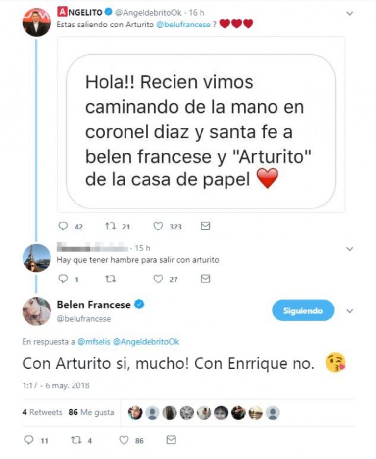 Belén Francese, muy acaramelada con Arturito de La Casa de Papel en la noche porteña: su mensaje en Twitter