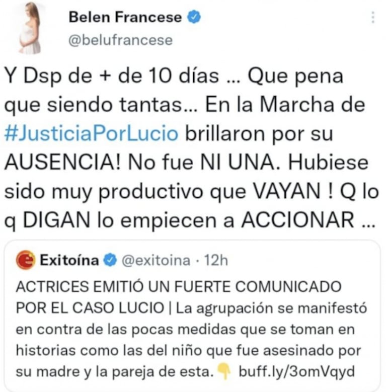 Belén Francese se enojó con Actrices Argentinas por el crimen del niño Lucio Dupuy